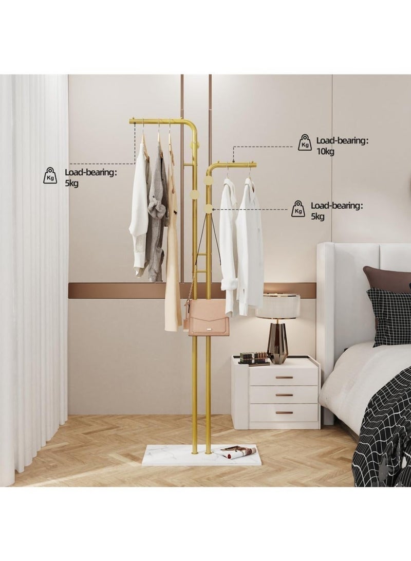 Beauenty Double-pole Metal Coat Rack, Gold Coat Rack Freestanding with 5 Hooks and Marble Base, Gold Clothing Rack, Modern Coat Hanger Stand for Entryway, Living Room, Bedroom - Image 5